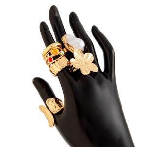 Baroque 6pcs Irregular Pearl Inlaid Textured Flower Ring Set - ArtGalleryZen
