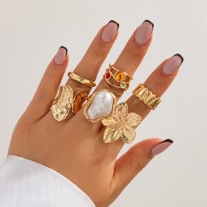 Baroque 6pcs Irregular Pearl Inlaid Textured Flower Ring Set - ArtGalleryZen