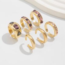 Baroque 6pcs Pink Rhinestone Inlaid Open Ring Set - ArtGalleryZen