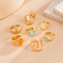Baroque 7pcs Crystal Inlaid Chunky Textured Waterdrop Ring Set - ArtGalleryZen