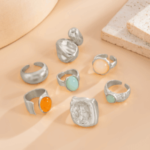 Baroque 7pcs Crystal Inlaid Chunky Textured Waterdrop Ring Set - ArtGalleryZen