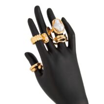 Baroque 7pcs Gold Silver Tone Pearl Inlaid Curved Ring Set - ArtGalleryZen
