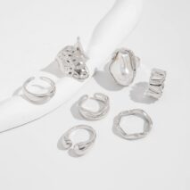 Baroque 7pcs Gold Silver Tone Pearl Inlaid Curved Ring Set - ArtGalleryZen