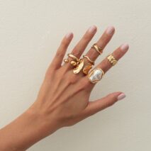 Baroque 7pcs Gold Silver Tone Pearl Inlaid Curved Ring Set - ArtGalleryZen