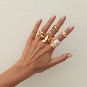 Baroque 7pcs Gold Silver Tone Pearl Inlaid Curved Ring Set - ArtGalleryZen