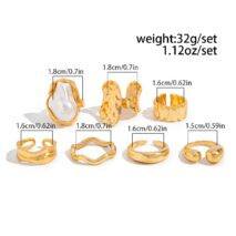 Baroque 7pcs Gold Silver Tone Pearl Inlaid Curved Ring Set - ArtGalleryZen