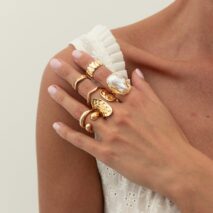 Baroque 7pcs Gold Silver Tone Pearl Inlaid Curved Ring Set - ArtGalleryZen