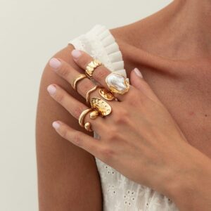 Baroque 7pcs Gold Silver Tone Pearl Inlaid Curved Ring Set - ArtGalleryZen