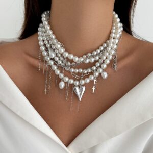 Baroque Chunky Layered Heart Cross Tassel Pearl Chain Necklace - ArtGalleryZen