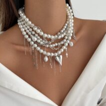 Baroque Chunky Layered Heart Cross Tassel Pearl Chain Necklace - ArtGalleryZen