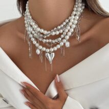 Baroque Chunky Layered Heart Cross Tassel Pearl Chain Necklace - ArtGalleryZen