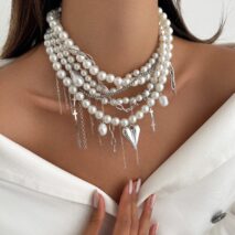 Baroque Chunky Layered Heart Cross Tassel Pearl Chain Necklace - ArtGalleryZen