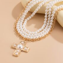 Baroque Chunky Layered Textured Cross Pendant Pearl Chain Necklace - ArtGalleryZen