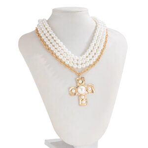 Baroque Chunky Layered Textured Cross Pendant Pearl Chain Necklace - ArtGalleryZen