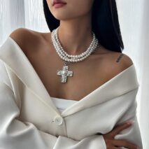 Baroque Chunky Layered Textured Cross Pendant Pearl Chain Necklace - ArtGalleryZen