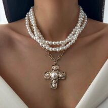 Baroque Chunky Layered Textured Cross Pendant Pearl Chain Necklace - ArtGalleryZen