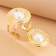 Baroque Chunky Pearl Inlaid Textured Oval Open Ring Bangle Bracelet Set - ArtGalleryZen