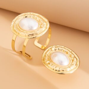 Baroque Chunky Pearl Inlaid Textured Oval Open Ring Bangle Bracelet Set - ArtGalleryZen