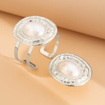 Baroque Chunky Pearl Inlaid Textured Oval Open Ring Bangle Bracelet Set - ArtGalleryZen