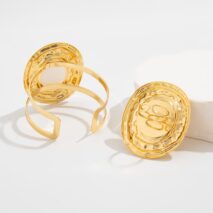Baroque Chunky Pearl Inlaid Textured Oval Open Ring Bangle Bracelet Set - ArtGalleryZen