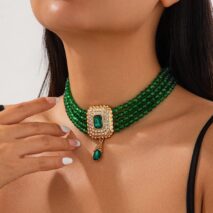 Baroque Chunky Rhinestone Inlaid Crystal Charm Beaded Chain Necklace - ArtGalleryZen