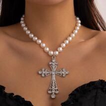 Baroque Cross Pendant Pearl Chain Choker Necklace - ArtGalleryZen