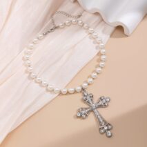 Baroque Cross Pendant Pearl Chain Choker Necklace - ArtGalleryZen