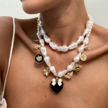 Baroque Enamel Bee Heart Bow Pendant Irregular Pearl Chain Necklace Set - ArtGalleryZen