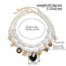 Baroque Enamel Bee Heart Bow Pendant Irregular Pearl Chain Necklace Set - ArtGalleryZen