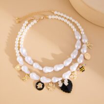 Baroque Enamel Bee Heart Bow Pendant Irregular Pearl Chain Necklace Set - ArtGalleryZen