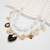 Baroque Enamel Bee Heart Bow Pendant Irregular Pearl Chain Necklace Set - ArtGalleryZen