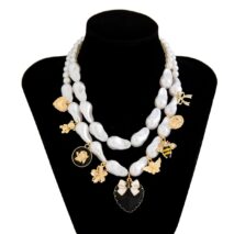 Baroque Enamel Bee Heart Bow Pendant Irregular Pearl Chain Necklace Set - ArtGalleryZen