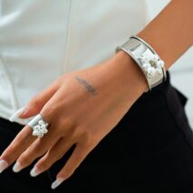 Baroque Glossy Pearl Charm Open Wide Cuff Bangle Bracelet Ring Set - ArtGalleryZen