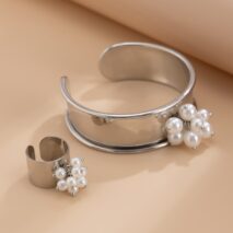 Baroque Glossy Pearl Charm Open Wide Cuff Bangle Bracelet Ring Set - ArtGalleryZen