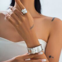 Baroque Glossy Pearl Charm Open Wide Cuff Bangle Bracelet Ring Set - ArtGalleryZen