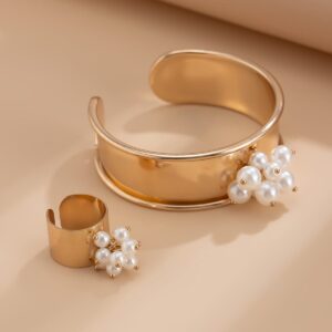 Baroque Glossy Pearl Charm Open Wide Cuff Bangle Bracelet Ring Set - ArtGalleryZen
