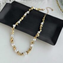 Baroque Gold Silver Tone Irregular Pearl Beaded Necklace - ArtGalleryZen