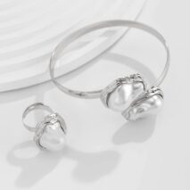 Baroque Irregular Pearl Inlaid Open Ring Bangle Bracelet Set - ArtGalleryZen