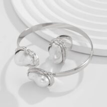 Baroque Irregular Pearl Inlaid Open Ring Bangle Bracelet Set - ArtGalleryZen