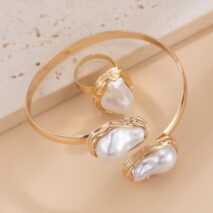 Baroque Irregular Pearl Inlaid Open Ring Bangle Bracelet Set - ArtGalleryZen