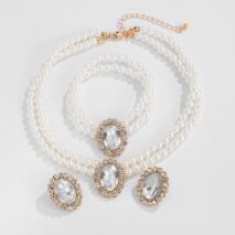 Baroque Layered Emerald CZ Inlaid Pearl Chain Choker Necklace Bracelet Earrings Set - ArtGalleryZen