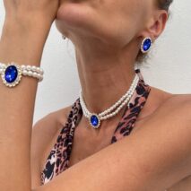 Baroque Layered Emerald CZ Inlaid Pearl Chain Choker Necklace Bracelet Earrings Set - ArtGalleryZen