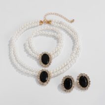 Baroque Layered Emerald CZ Inlaid Pearl Chain Choker Necklace Bracelet Earrings Set - ArtGalleryZen