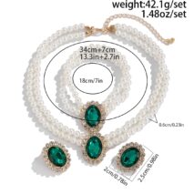 Baroque Layered Emerald CZ Inlaid Pearl Chain Choker Necklace Bracelet Earrings Set - ArtGalleryZen