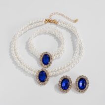 Baroque Layered Emerald CZ Inlaid Pearl Chain Choker Necklace Bracelet Earrings Set - ArtGalleryZen