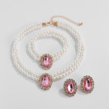 Baroque Layered Emerald CZ Inlaid Pearl Chain Choker Necklace Bracelet Earrings Set - ArtGalleryZen