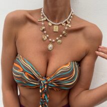 Baroque Layered Enamel Flower Heart Sun Pendant Pearl Chain Necklace Set - ArtGalleryZen