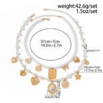 Baroque Layered Enamel Flower Heart Sun Pendant Pearl Chain Necklace Set - ArtGalleryZen