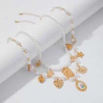 Baroque Layered Enamel Flower Heart Sun Pendant Pearl Chain Necklace Set - ArtGalleryZen