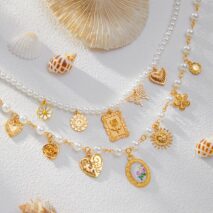Baroque Layered Enamel Flower Heart Sun Pendant Pearl Chain Necklace Set - ArtGalleryZen